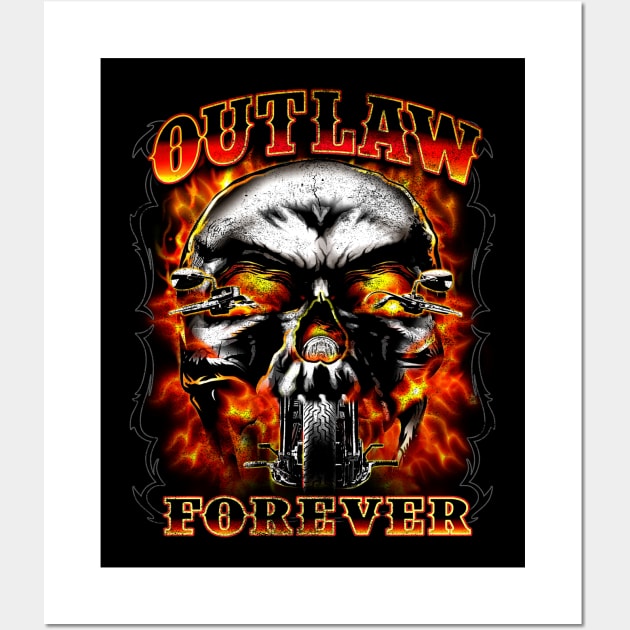 Outlaw Forever Flaming Skull Bike (full colour) Wall Art by Cattle and Crow